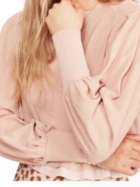 Free People Soft Blush Pink Balloon Sleeve Crew Sweater